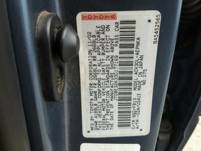 JTDBE32K330177169 - 2003 TOYOTA CAMRY LE BLUE photo 10