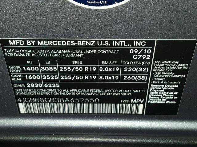 4JGBB8GB3BA652550 - 2011 MERCEDES-BENZ ML 350 4MA SILVER photo 10