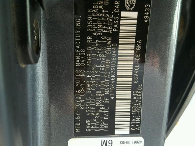 4T1BK46K29U080440 - 2009 TOYOTA CAMRY SE GRAY photo 10