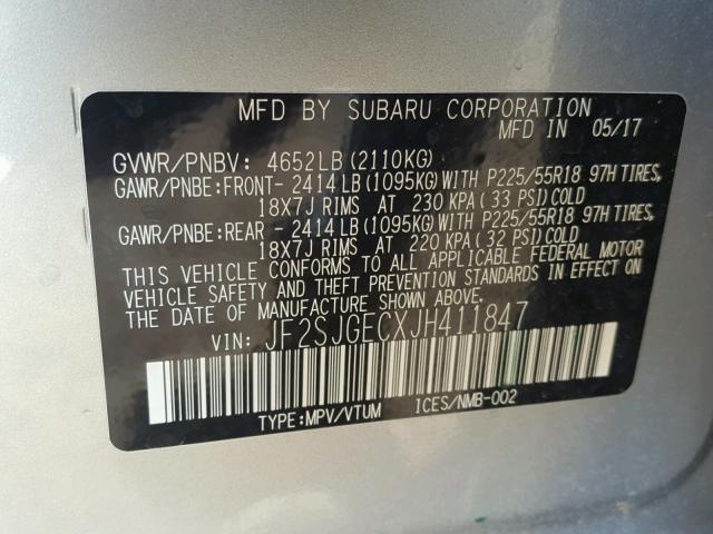 JF2SJGECXJH411847 - 2018 SUBARU FORESTER 2 SILVER photo 10