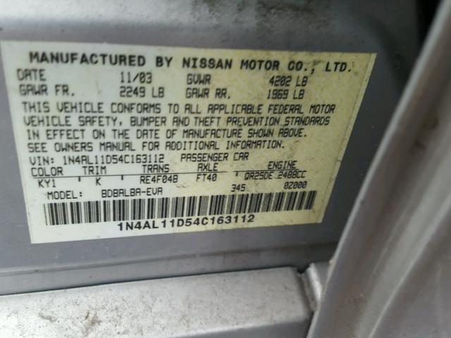 1N4AL11D54C163112 - 2004 NISSAN ALTIMA BAS SILVER photo 10