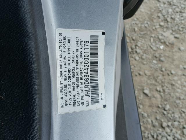 JHLRD68442C001176 - 2002 HONDA CR-V LX SILVER photo 10