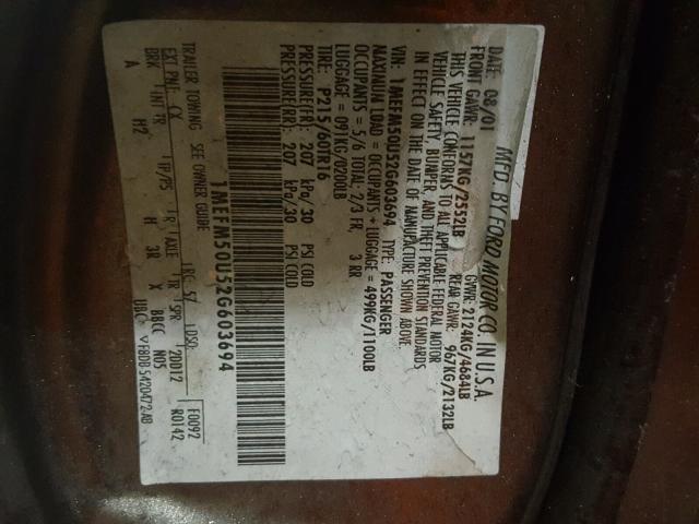 1MEFM50U52G603694 - 2002 MERCURY SABLE GRAY photo 10