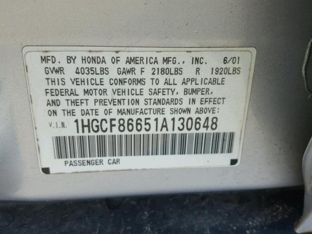 1HGCF86651A130648 - 2001 HONDA ACCORD VAL SILVER photo 10