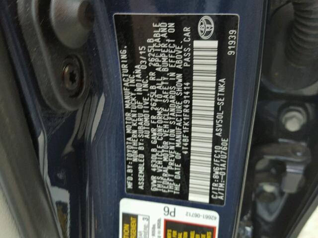 4T4BF1FK1FR491414 - 2015 TOYOTA CAMRY LE BLUE photo 10