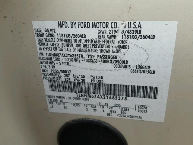 1LNHM87AX2Y685578 - 2002 LINCOLN LS 棕色 照片 10