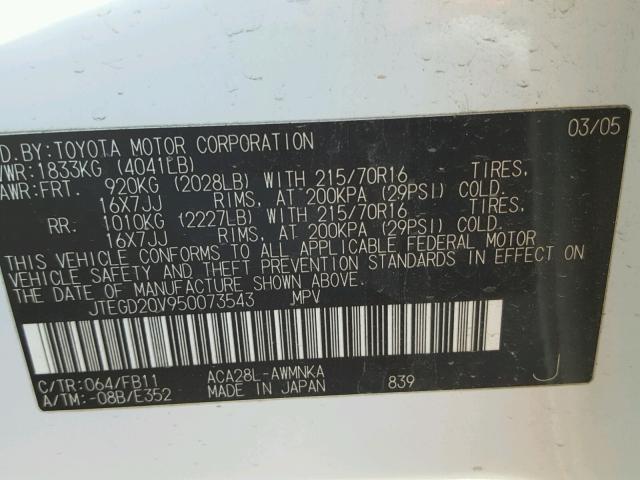 JTEGD20V950073543 - 2005 TOYOTA RAV4 WHITE photo 10