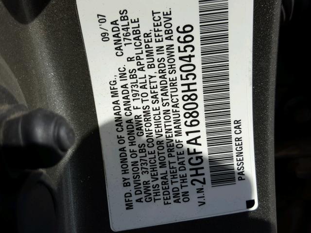 2HGFA16808H504566 - 2008 HONDA CIVIC EX BROWN photo 10