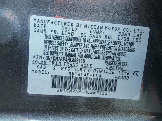 3N1CN7AP4HL889115 - 2017 NISSAN VERSA S GRAY photo 10