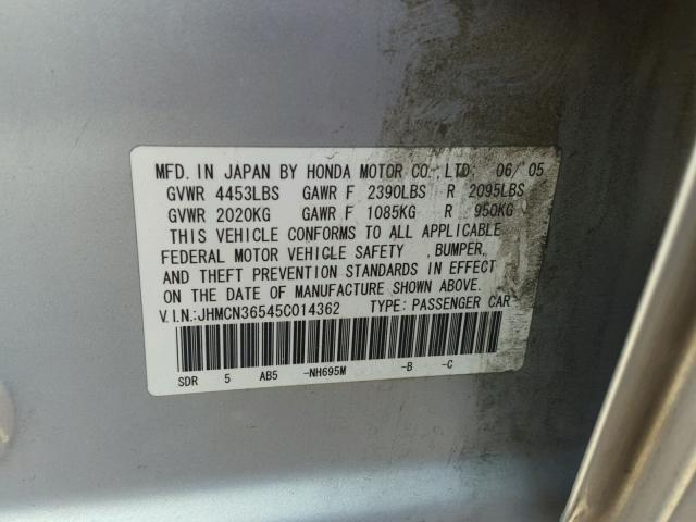 JHMCN36545C014362 - 2005 HONDA ACCORD HYB GRAY photo 10