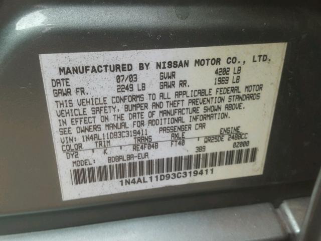 1N4AL11D93C319411 - 2003 NISSAN ALTIMA BAS GREEN photo 10