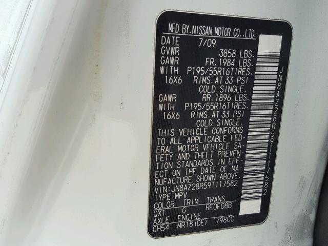 JN8AZ28R59T117582 - 2009 NISSAN CUBE BASE WHITE photo 10