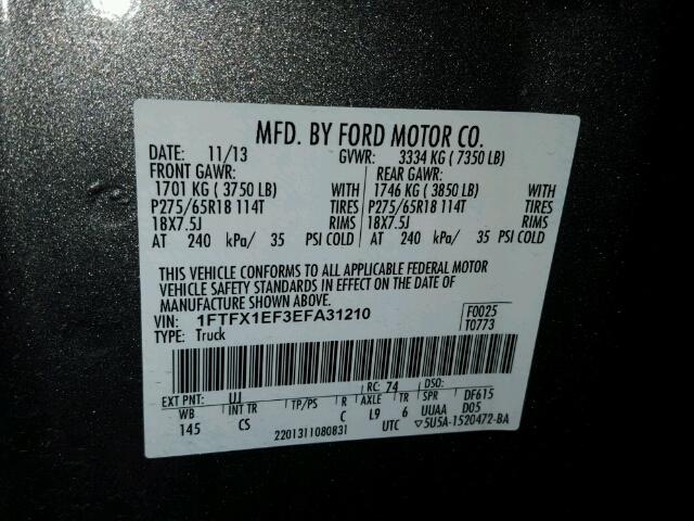 1FTFX1EF3EFA31210 - 2014 FORD F150 SUPER GRAY photo 10