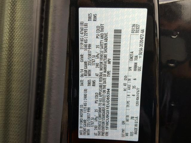 1FMCU9GX1EUD85394 - 2014 FORD ESCAPE SE BLACK photo 10