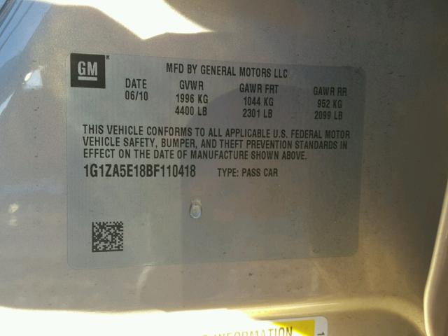 1G1ZA5E18BF110418 - 2011 CHEVROLET MALIBU LS Qızıl foto 10