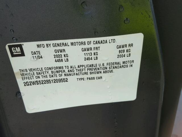 2G2WS522851209552 - 2005 PONTIAC GRAND PRIX GRAY photo 10