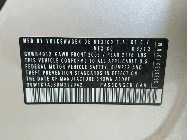 3VW1K7AJ8DM222042 - 2013 VOLKSWAGEN JETTA BASE SILVER photo 10