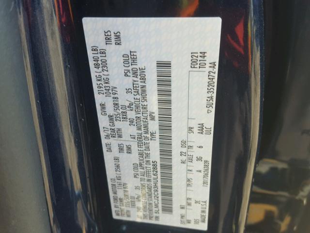 5LMCJ2C93HUL62885 - 2017 LINCOLN MKC SELECT ლურჯი ფოტო 10