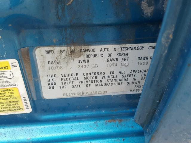 KL1TD66E09B392204 - 2009 CHEVROLET AVEO LS BLUE photo 10