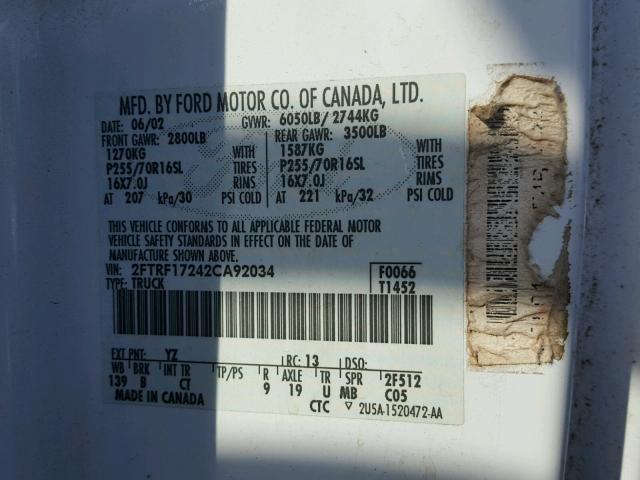 2FTRF17242CA92034 - 2002 FORD F150 WHITE photo 10