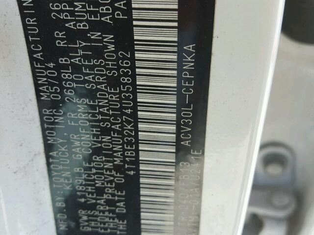 4T1BE32K74U358362 - 2004 TOYOTA CAMRY LE 白色 照片 10