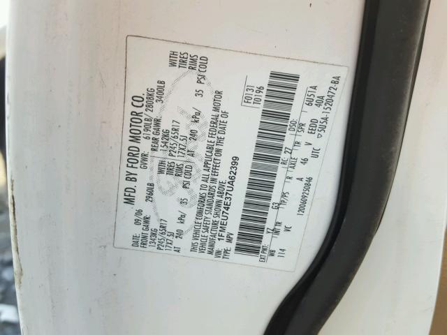 1FMEU74E37UA62399 - 2007 FORD EXPLORER E WHITE photo 10