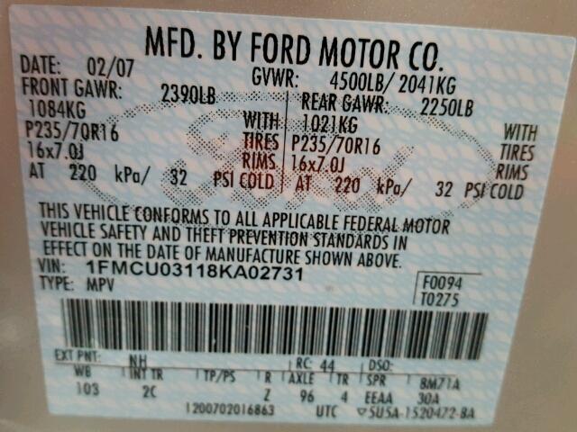 1FMCU03118KA02731 - 2008 FORD ESCAPE CREAM photo 10