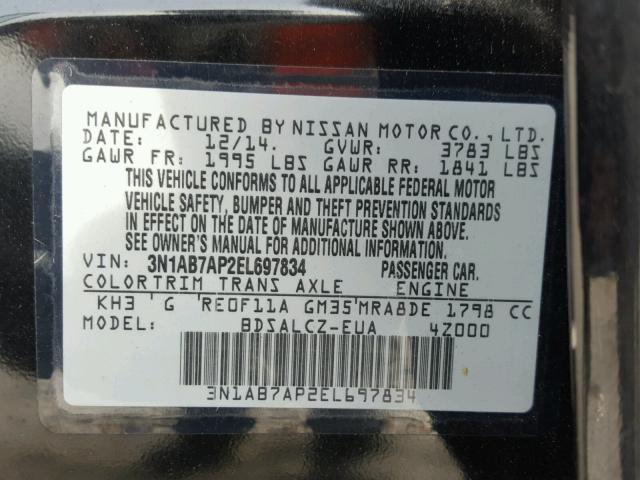 3N1AB7AP2EL697834 - 2014 NISSAN SENTRA S BLACK photo 10