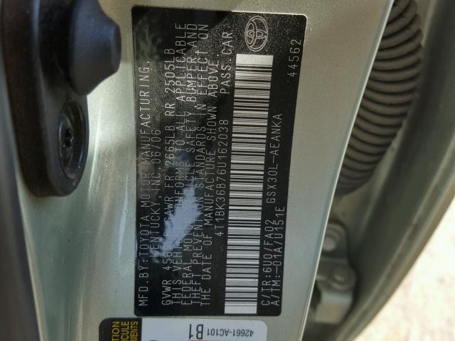 4T1BK36B76U162038 - 2006 TOYOTA AVALON GREEN photo 10