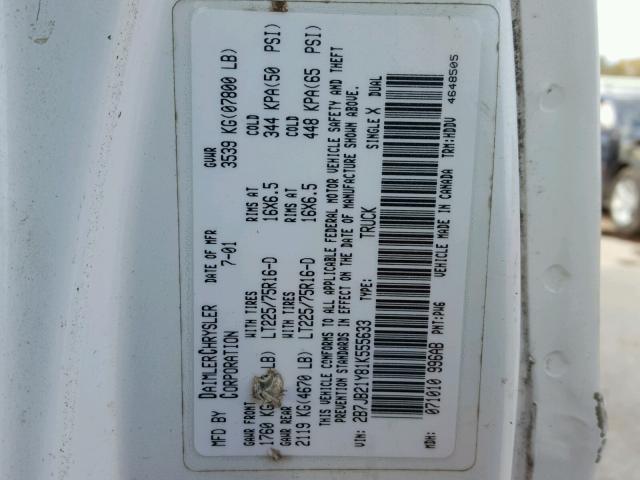 2B7JB21Y81K555633 - 2001 DODGE RAM VAN B2 WHITE photo 10