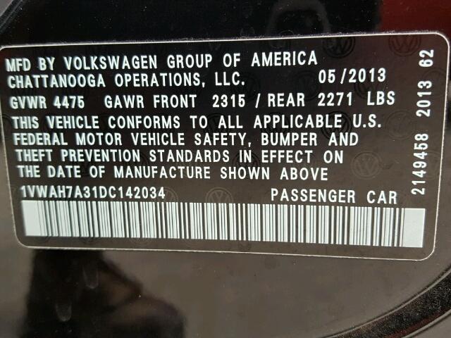 1VWAH7A31DC142034 - 2013 VOLKSWAGEN PASSAT S Negro foto 10