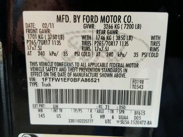 1FTFW1EF0BFA86521 - 2011 FORD F150 SUPER BLACK photo 10