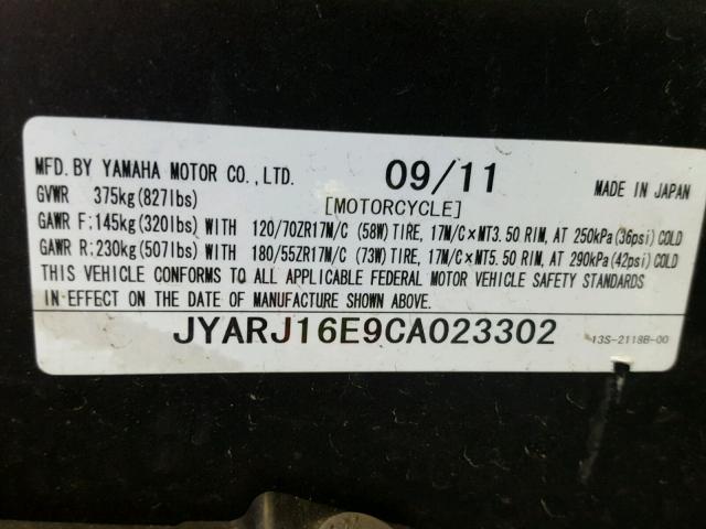 JYARJ16E9CA023302 - 2012 YAMAHA YZFR6 BLUE photo 10