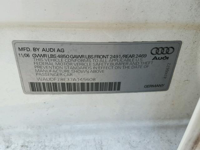 WAUDF78E37A145608 - 2007 AUDI A4 2.0T QU WHITE photo 10