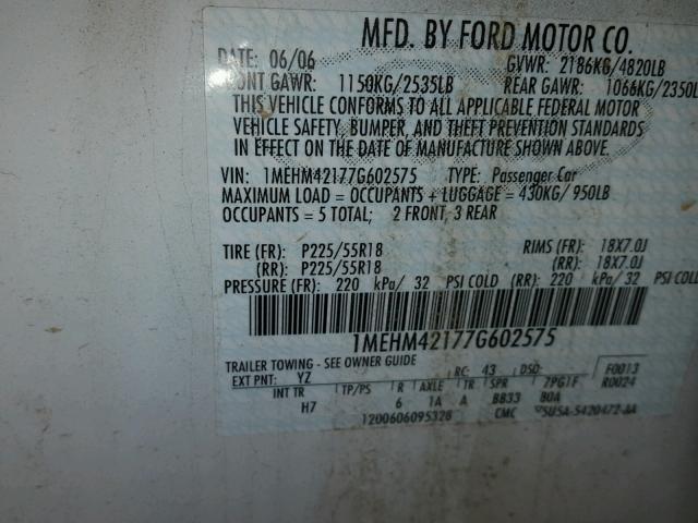 1MEHM42177G602575 - 2007 MERCURY MONTEGO PR 白色 照片 10