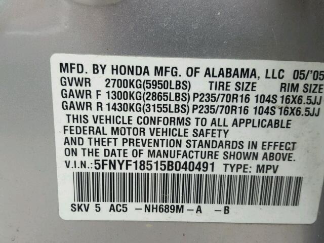 5FNYF18515B040491 - 2005 HONDA PILOT EXL SILVER photo 10