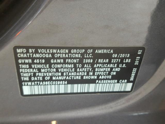 1VWAT7A38EC029634 - 2014 VOLKSWAGEN PASSAT S ნაცრისფერი ფოტო 10