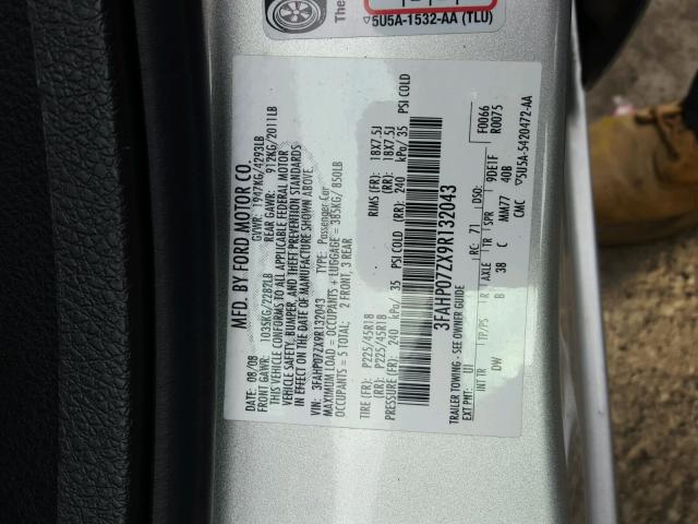 3FAHP07ZX9R132043 - 2009 FORD FUSION SE SILVER photo 10