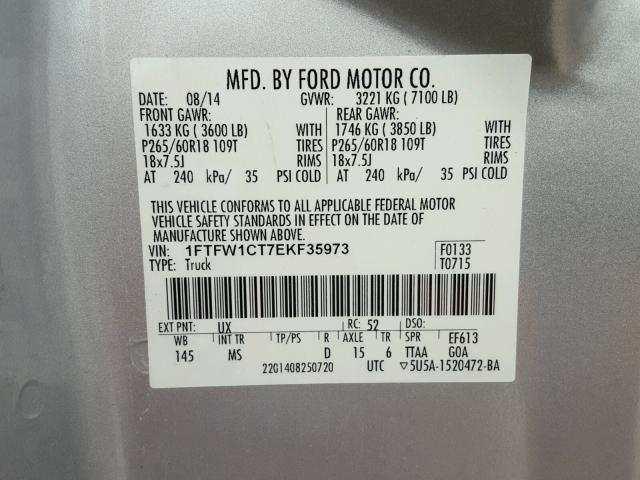 1FTFW1CT7EKF35973 - 2014 FORD F150 SUPER SILVER photo 10