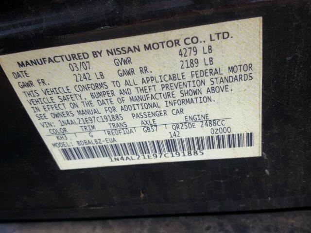 1N4AL21E97C191885 - 2007 NISSAN ALTIMA 2.5 BLACK photo 10