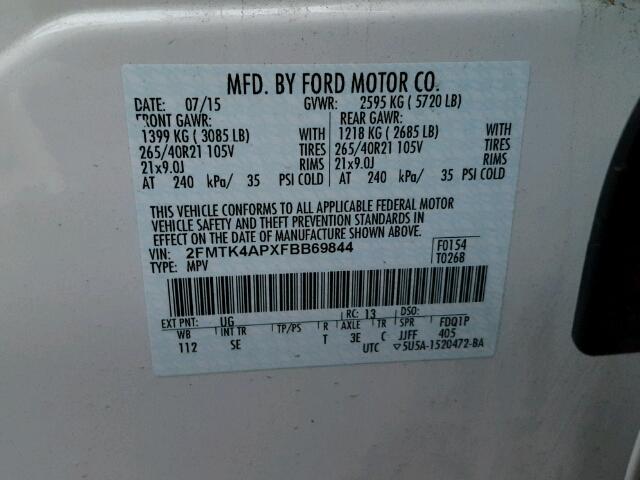 2FMTK4APXFBB69844 - 2015 FORD EDGE WHITE photo 10