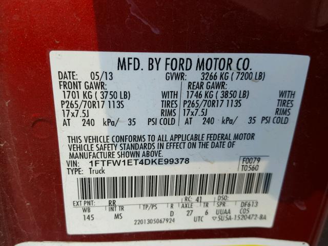 1FTFW1ET4DKE99378 - 2013 FORD F150 SUPER RED photo 10