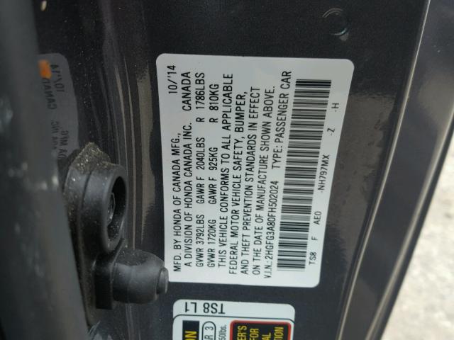 2HGFG3A80FH502024 - 2015 HONDA CIVIC EX Boz foto 10