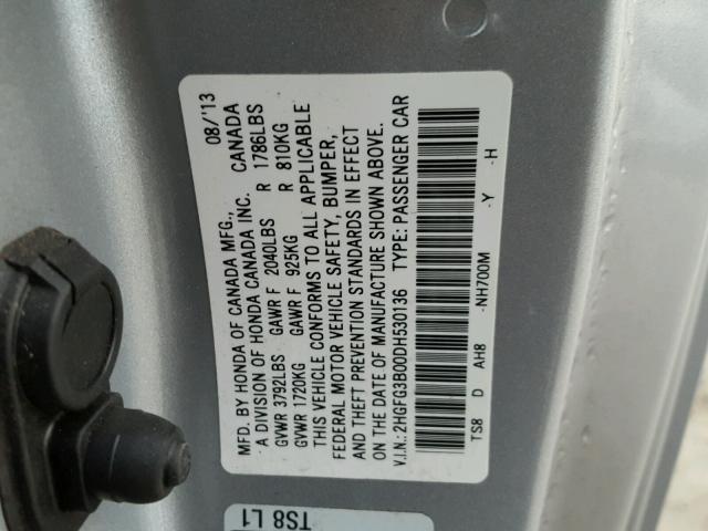 2HGFG3B00DH530136 - 2013 HONDA CIVIC EXL SILVER photo 10