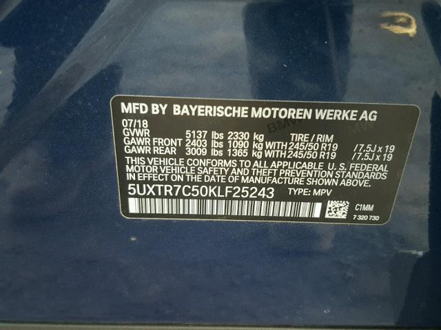 5UXTR7C50KLF25243 - 2019 BMW X3 SDRIVE3 BLUE photo 10