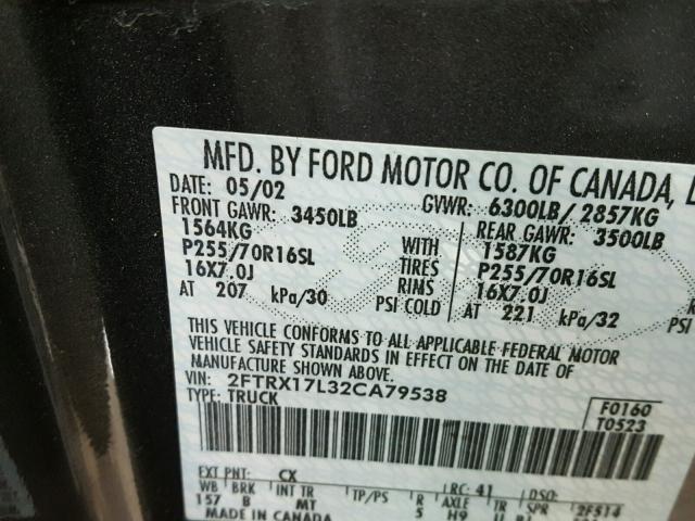 2FTRX17L32CA79538 - 2002 FORD F150 GRAY photo 10