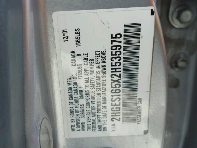 2HGES165X2H535975 - 2002 HONDA CIVIC SILVER photo 10