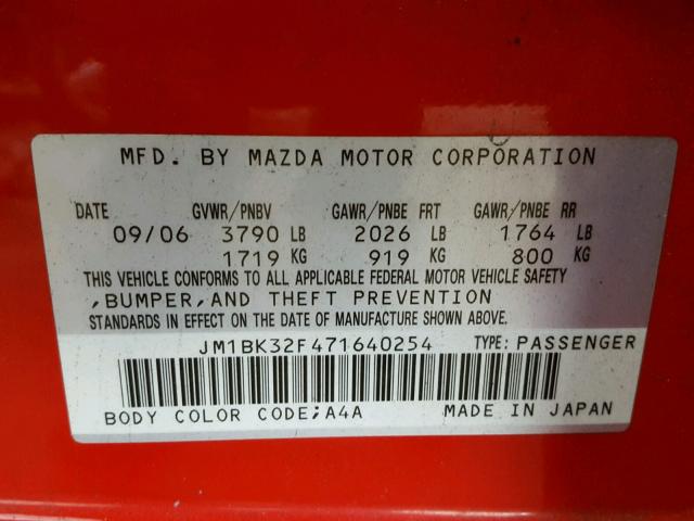 JM1BK32F471640254 - 2007 MAZDA 3 I RED photo 10