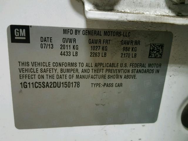 1G11C5SA2DU150178 - 2013 CHEVROLET MALIBU 1LT WHITE photo 10