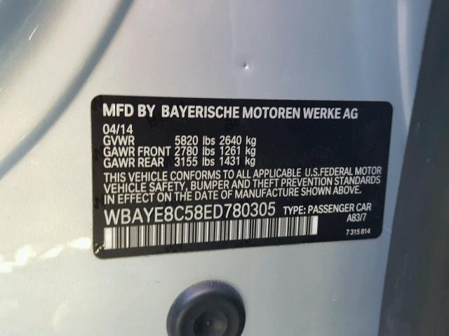 WBAYE8C58ED780305 - 2014 BMW 750 SILVER photo 10